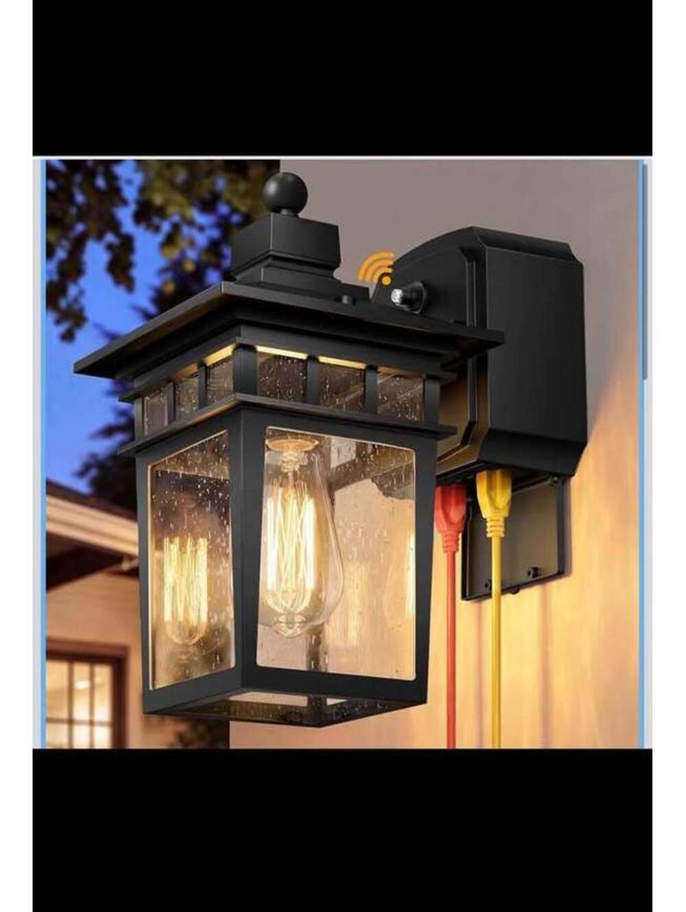 Black Porch Light with GFCI Outlet, Dusk to Dawn Outdoor Wall Light - New in Box